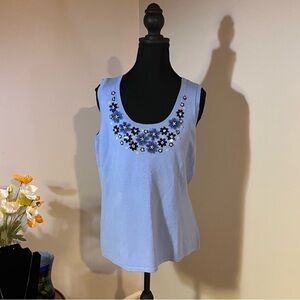Ruby Rd. Light Blue Tank Top with Floral Embroidery